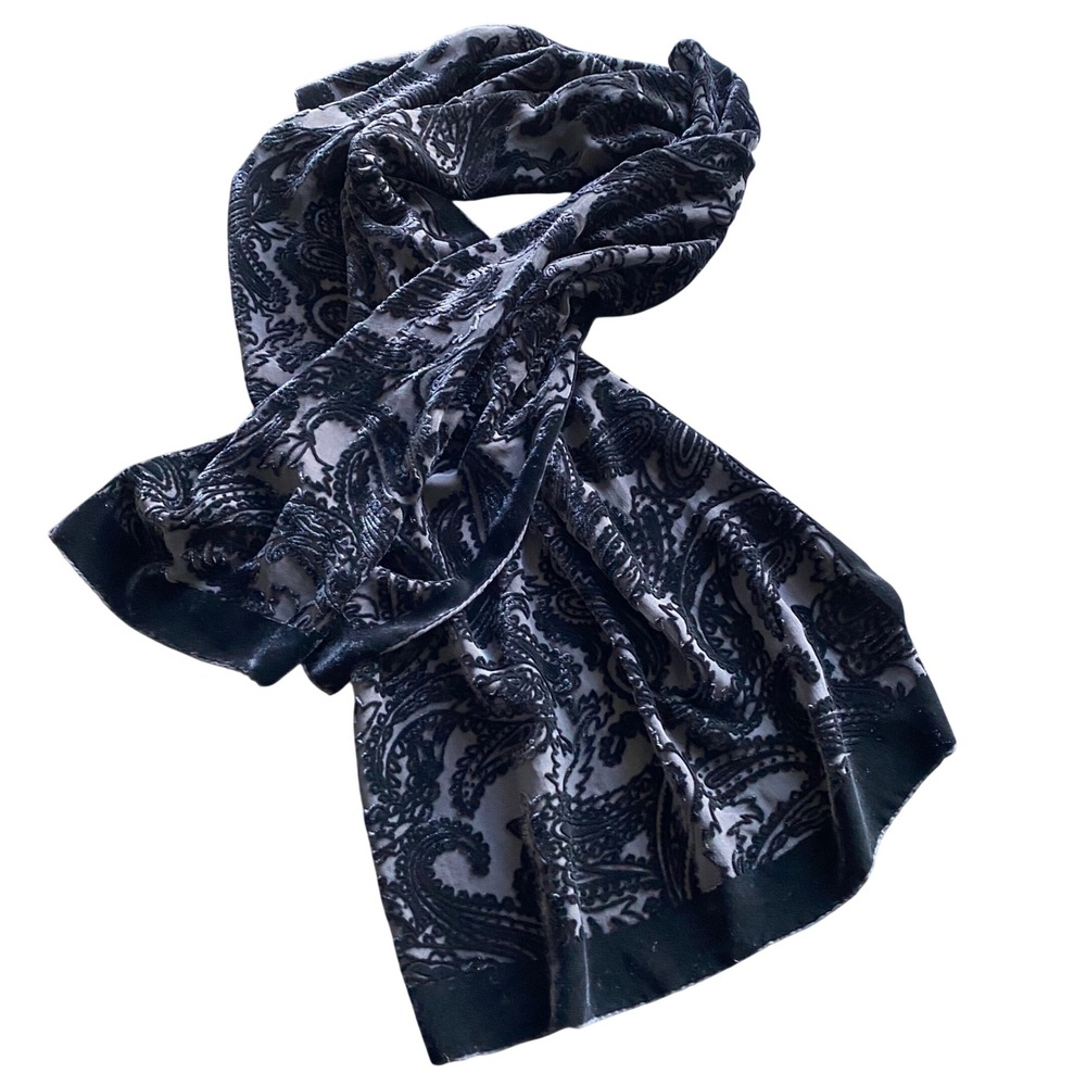 Jones New York Black Paisley Velvet Silk Blend Scarf Wrap Rectangle Whimsigoth
